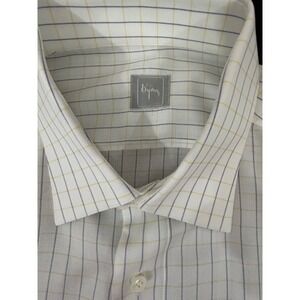 Bijan Mens Shirt White Yellow Gray Check Cotton 16.5/ Large Button Tuck Strap